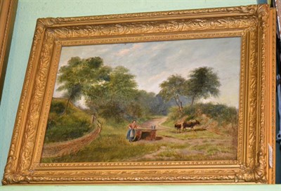 Lot 1180 - British School (19th century), a country girl and donkeys beside a well in a landscape, oil on...