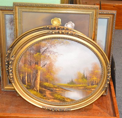 Lot 1195 - W Johnson, River landscape, signed, oil on board together with a further landscape and two...