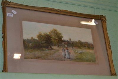 Lot 1202 - George Oyston (19th/20th century), Milk maids on a country lane before a church, signed,...