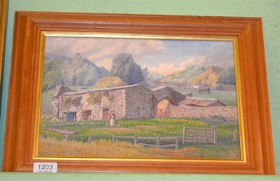 Lot 1203 - Elsie Gledstones, ";Cowshed at Coverham Abbey";, signed with artist's monogram, oil on canvas