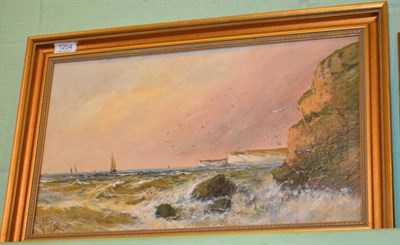 Lot 1204 - Joel Owen, Sailboats off coast, signed and dated 1924, oil on canvas