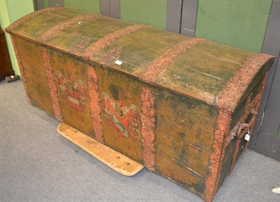 Lot 1267 - A green painted and metal-studded dome-top chest, dated 1653, the hinged lid above a painted...