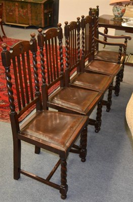 Lot 1310 - Set of five oak barley twist dining chairs (4+1) and two Highland cattle prints