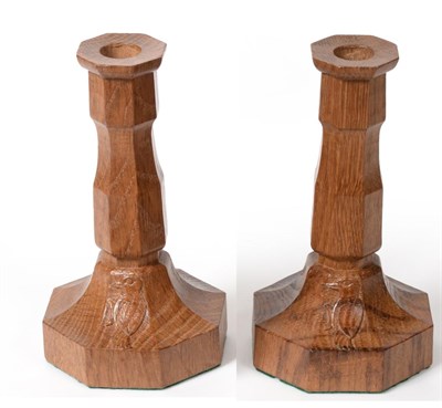 Lot 707 - Stan  "Woodpecker " Dodds (1928-2012): A Pair of Carved Oak Candlesticks, with carved...