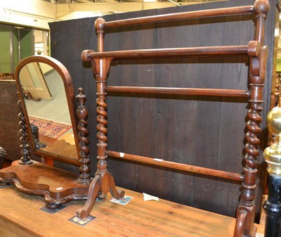 Lot 1362 - A Victorian mahogany toilet mirror and towel rail with barley twist supports