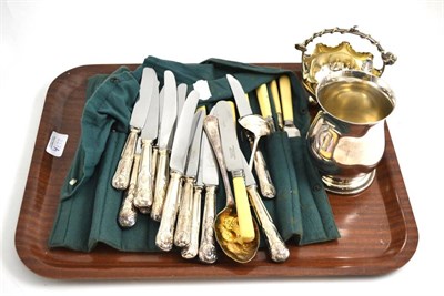 Lot 227A - A tray of silver plate including a tankard, a basket, a berry spoon, ivory handled knives etc