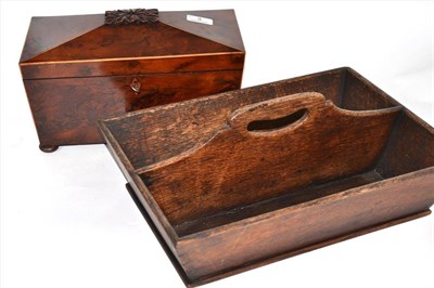 Lot 3 - Yew wood veneered tea caddy and an oak cutlery box