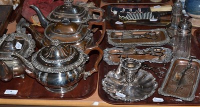 Lot 4 - Two trays of Old Sheffield plate including four teapots, chamber stick, snuffers, trays and...