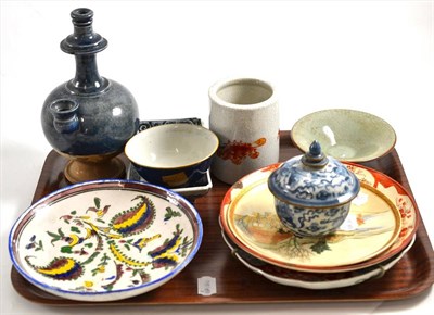 Lot 11 - Tray of assorted Eastern and Oriental ceramics including a brush pot, satsuma plate, blue and white