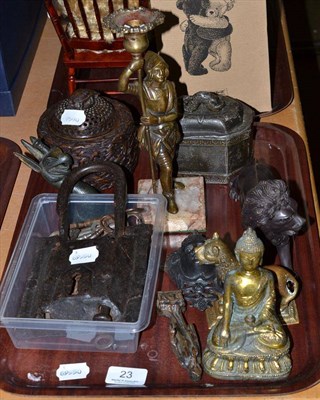 Lot 23 - Assorted metalwares including a padlock, lead tobacco box and cover, animal figures, gilt...