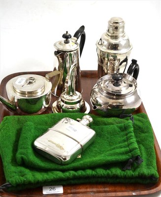 Lot 26 - Plated ware including; hamper teapot, hip flask, Hukin & Heath teapot, wine funnel, shaker and...