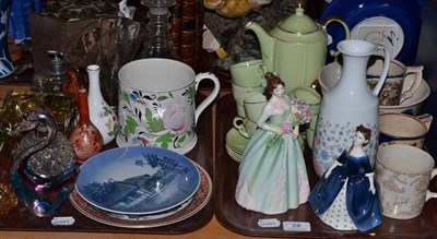 Lot 28 - Victorian large pearlware mug, transfer printed mugs, two Doulton figures, Crown Devon coffee...