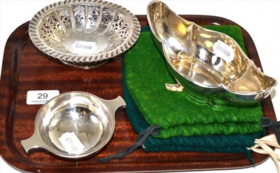 Lot 29 - Pierced silver oval dish, Scottish silver quaich and a silver shaped dish (3)