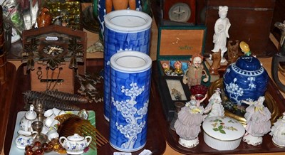 Lot 36 - Blue and white ginger jar and cover with prunus decoration, vase and cover, two cylindrical...
