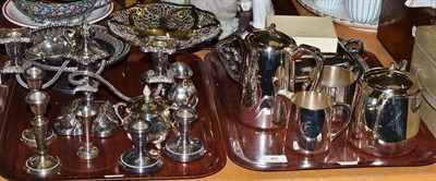 Lot 46 - Two trays of silver plated items, four piece plated tea service and three loaded silver...
