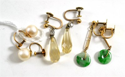 Lot 57 - Pair of cultured pearl earrings, stamped '9CT', a pair of jade drop earrings and another pair...