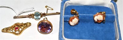 Lot 79 - A pair of cameo earrings, a 9ct gold amethyst fob and two stone set brooches