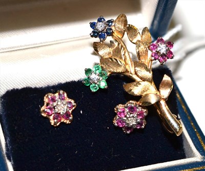 Lot 81 - A pair of diamond and ruby cluster earrings and a gem set floral brooch