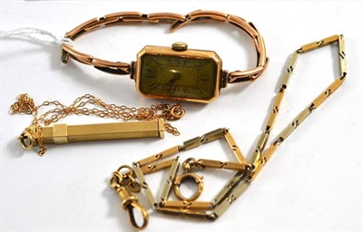 Lot 92 - A chain with clasp stamped '9C', a 9ct gold lady's wristwatch, 9ct gold pick and a small chain with
