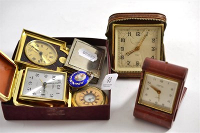 Lot 93 - A gold plated pocket watch, enamel lady's fob watch and five travel timepieces