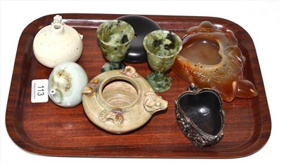 Lot 113 - Two small Eastern pottery water droppers, carved dish, two small goblets, pen holder etc