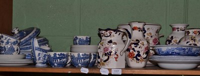 Lot 117 - Assorted Wedgwood and Spode blue and white dinnerwares, Masons vases and pottery, etc (on a shelf)