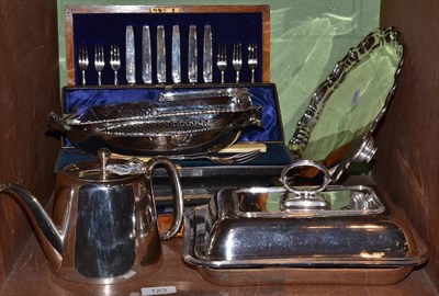 Lot 123 - A set of twelve silver and mother-of-pearl dessert knives and forks and a quantity of electroplate