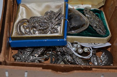 Lot 127 - Assorted silver and white metal brooches and jewellery, including some marcasite set pieces and...