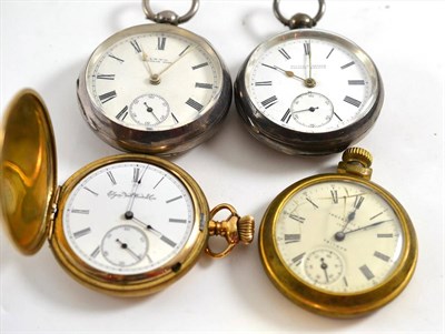 Lot 128 - Two silver pocket watches, gold plated pocket watch and an Ingersoll pocket watch