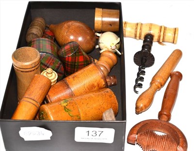 Lot 137 - Victorian bone corkscrew, treen gavel and other treen