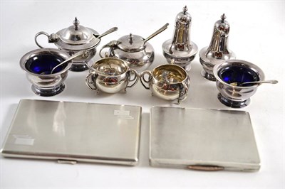 Lot 138 - A silver five piece condiment set, a pair of silver salts, a mustard pot and two silver...