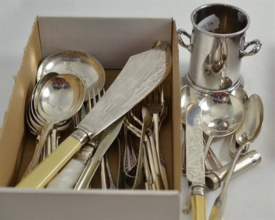 Lot 141 - A silver lipstick case, a set of silver coffee spoons, a butter knife, a pair of sugar tongs, a...