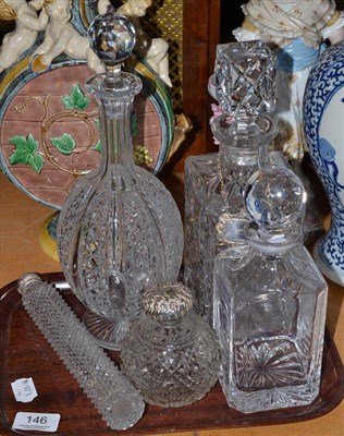 Lot 146 - Three glass decanters and two silver topped scent bottles