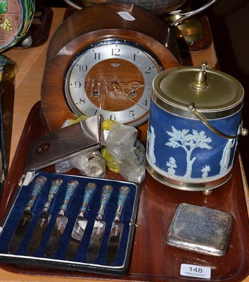 Lot 148 - Various Items including mantel clock, Wedgwood jar, cigarette case, set of knives and 1953 ER...