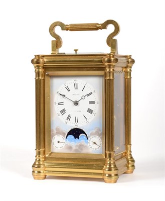 Lot 730 - A Brass Striking Repeating Alarm Carriage Clock with Unusual Calendar and Moonphase Displays,...