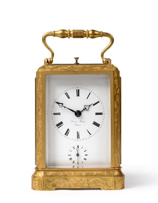 Lot 731 - A Brass Engraved Striking and Repeating Alarm Carriage Clock, signed Miroy Freres, Paris, circa...