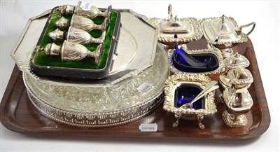 Lot 167 - Cased set of four silver pedestal condiments and plated wares including condiments, hors d'oeuvre's