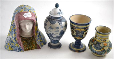 Lot 169 - Tin glazed bust of the Madonna, a Maiolica goblet, Maiolica vase and a Delft blue and white...