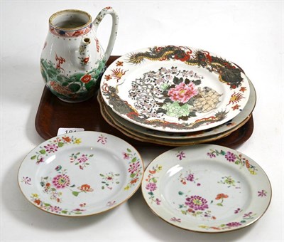 Lot 181 - Five famille rose plates (a.f.), a Japanese plate and a Kangxi famille verte coffee pot (a.f.) (7)