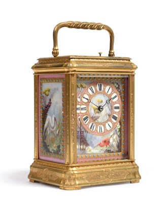 Lot 733 - A Good Brass Engraved Porcelain Mounted Striking and Repeating Carriage Clock, retailed by Hamilton