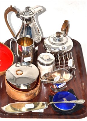 Lot 188 - A silver sauce boat, toast rack, hair tidy, enamel compact and a quantity of plate