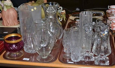 Lot 190 - Two trays of assorted Continental glass including Baccarat flower vase, height 26cm, Italian sundae