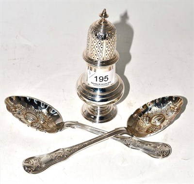 Lot 195 - Silver sugar caster, London hallmark, together with a pair of silver berry spoons, London hallmark