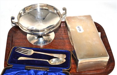 Lot 196 - A silver bon bon dish, a Christening spoon and fork and a cigarette case