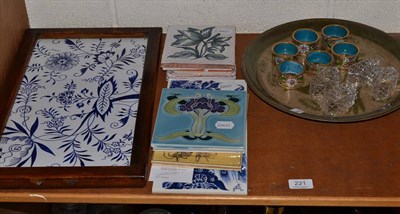 Lot 221 - Two tubeline tiles, modern Delft tiles, four Dutch Delft tiles, a tile set tray, etc