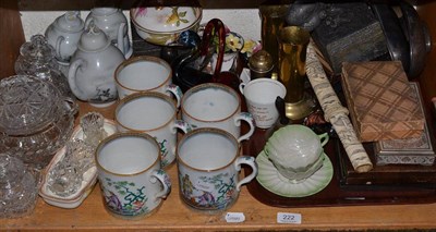 Lot 222 - A quantity of ceramics, Belleek, silver bladed knife, cased plated flatware, glass, five mugs, etc