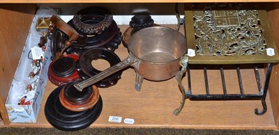 Lot 226 - Brass trivet, skillet pan, 18th century iron, waffle iron, long handled brass pan, carved...