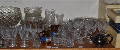 Lot 235 - A shelf of decorative cut and moulded glass including drinking vessels, fruit bowls, etc, boxed...