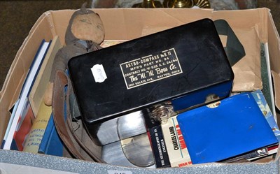 Lot 249 - Box of assorted aircraft related paperwork, books, photo in propeller frame, compass, etc