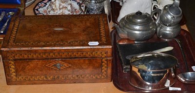 Lot 250 - Walnut inlaid hinged box, pewter three piece tea set, silver handled knives, plated ladle,...